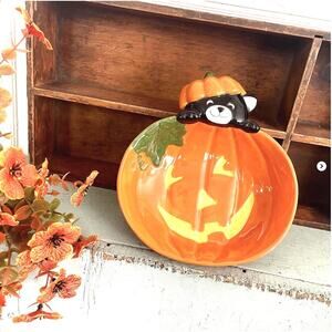Vintage Halloween 1990s Hallmark Ceramic Cat Pumpkin Candy Dish Bowl (03466)
